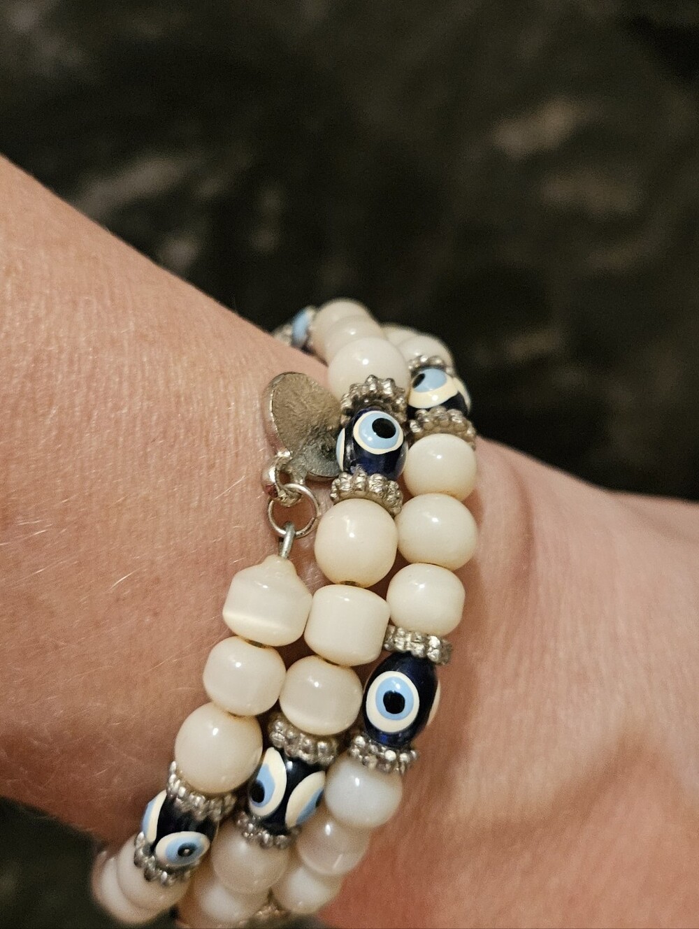 Two's Company Beaded Evil Eye Stretch Bracelet - White & Blue Glass Beads